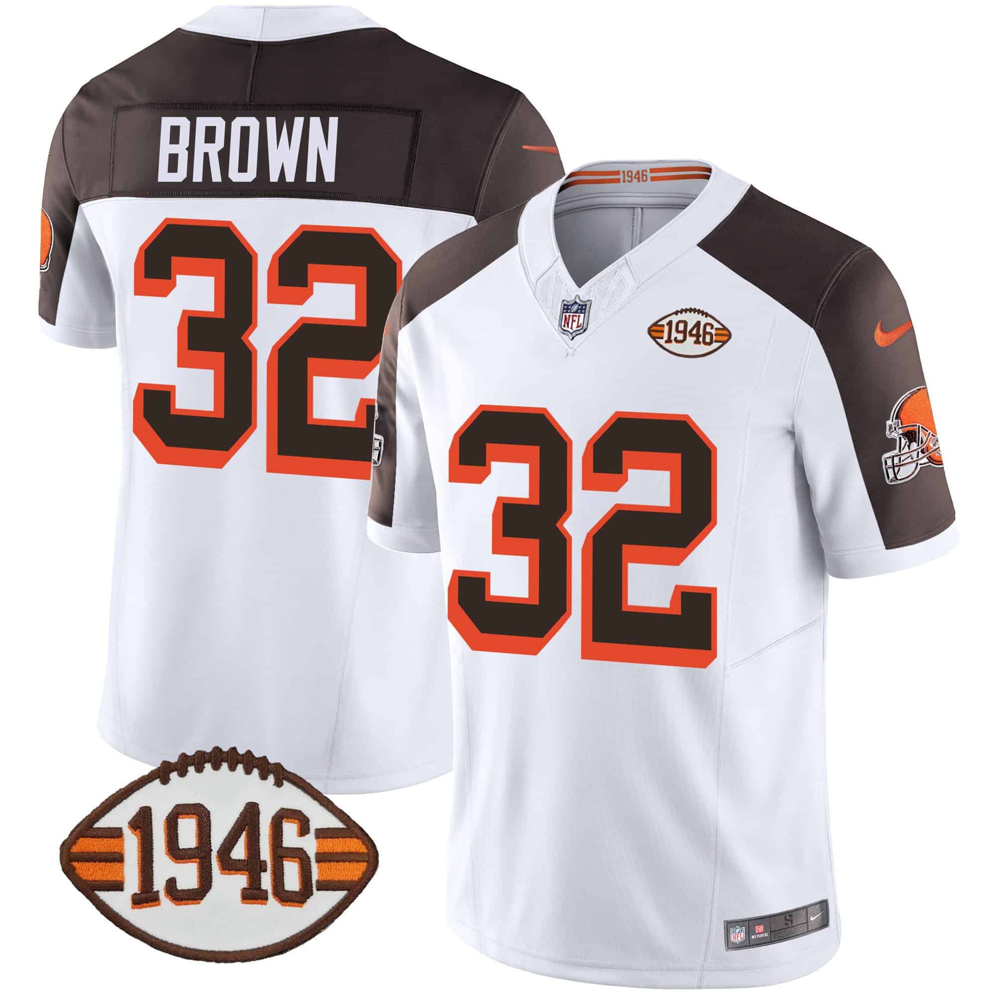 Men Cleveland Browns 32 Brown White 1946 75th Anniversary Patch 2024 Nike NFL Jersey style 1
